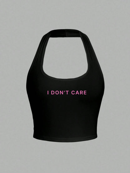 EZwear Plus Size Women's Casual Black & Pink Letter Print Tight Cropped Halter Neck Tank Top, Suitable For Summer Sports & Outdoor