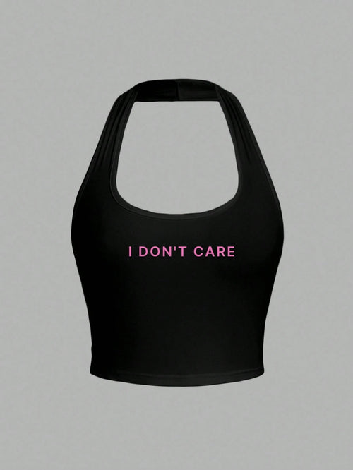 EZwear Plus Size Women's Casual Black & Pink Letter Print Tight Cropped Halter Neck Tank Top, Suitable For Summer Sports & Outdoor