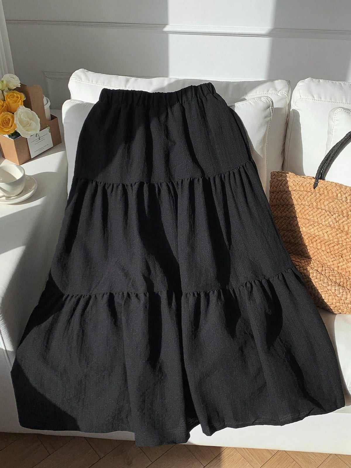 EZwear Solid Ruffle Hem Flare Skirt