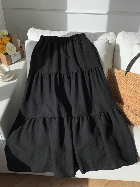 EZwear Solid Ruffle Hem Flare Skirt