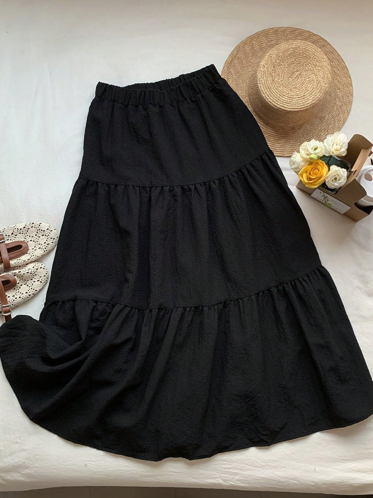 EZwear Solid Ruffle Hem Flare Skirt