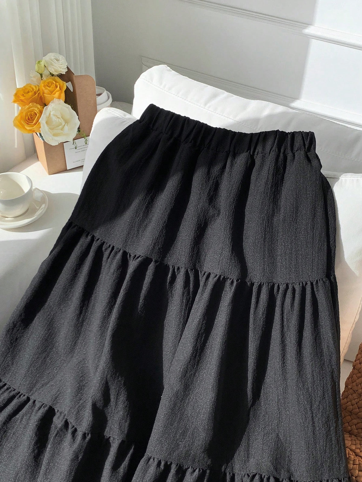 EZwear Solid Ruffle Hem Flare Skirt