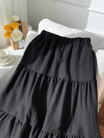 EZwear Solid Ruffle Hem Flare Skirt
