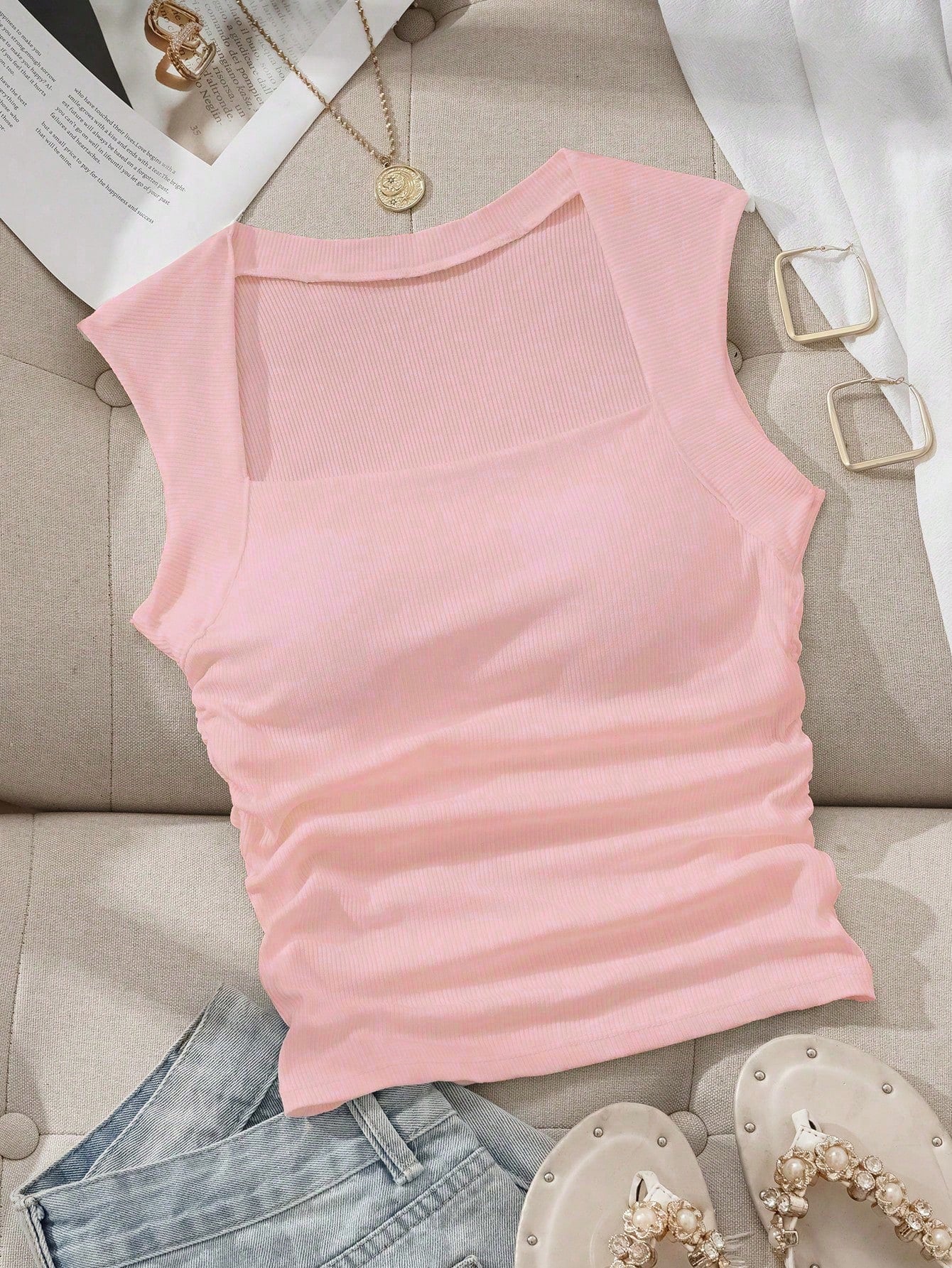 EZwear Square Neck Ruched Bust Pad Bra-Free Camisole,Summer Top