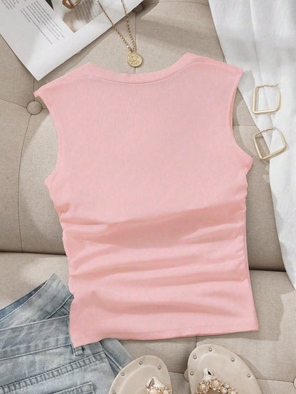 EZwear Square Neck Ruched Bust Pad Bra-Free Camisole,Summer Top