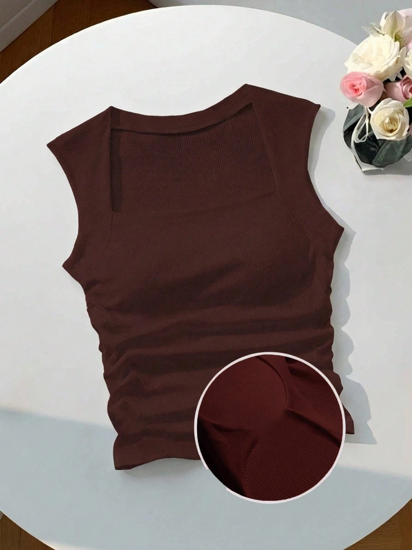 EZwear Square Neck Ruched Bust Pad Bra-Free Camisole,Summer Top