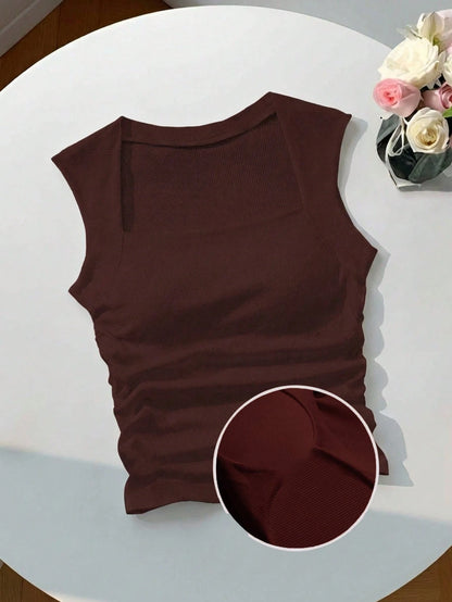 EZwear Square Neck Ruched Bust Pad Bra-Free Camisole,Summer Top