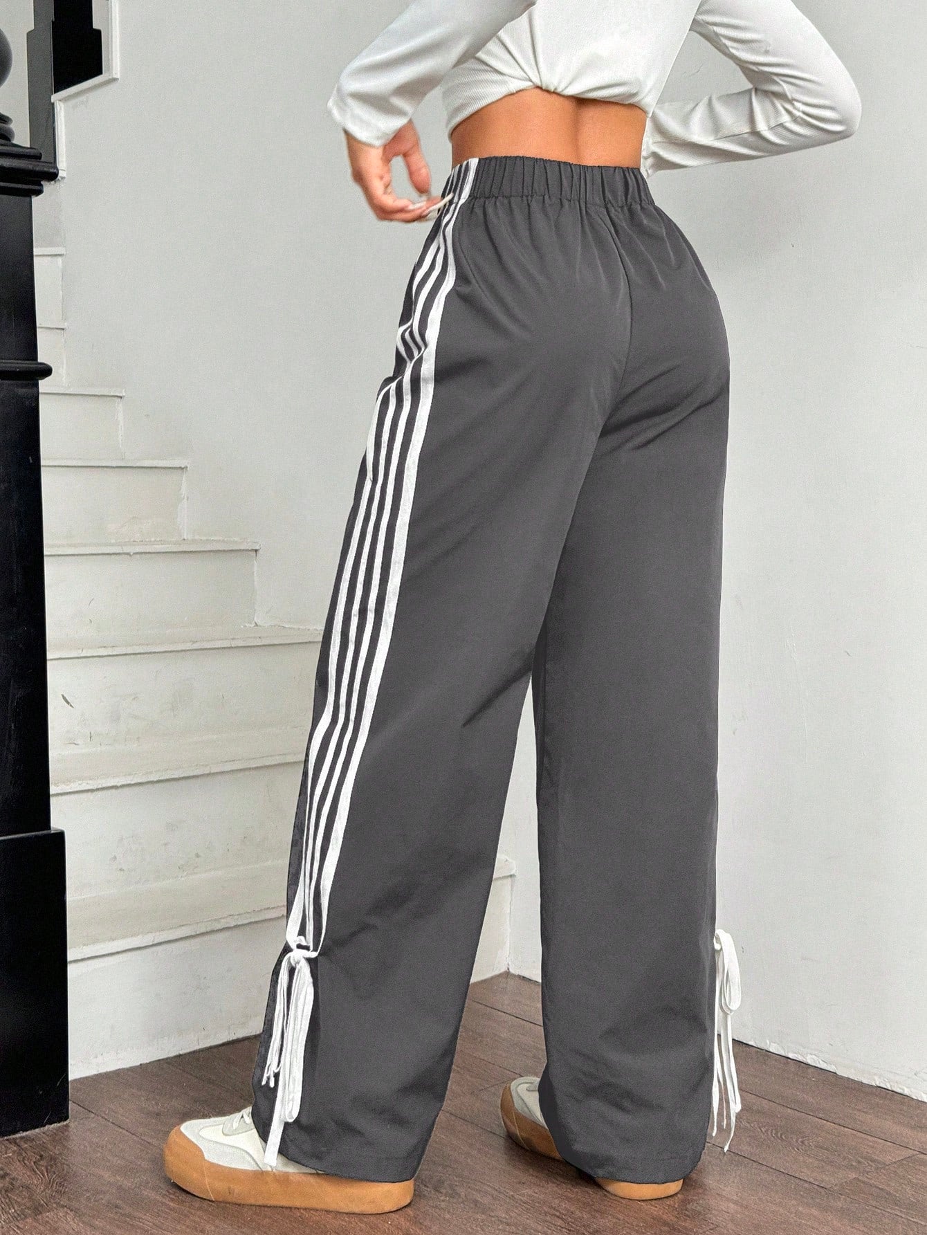 EZwear Women Black Side Contrast White Tape Elastic Waist Pants