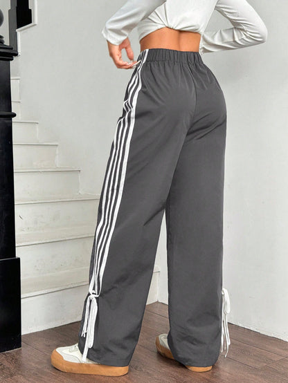 EZwear Women Black Side Contrast White Tape Elastic Waist Pants
