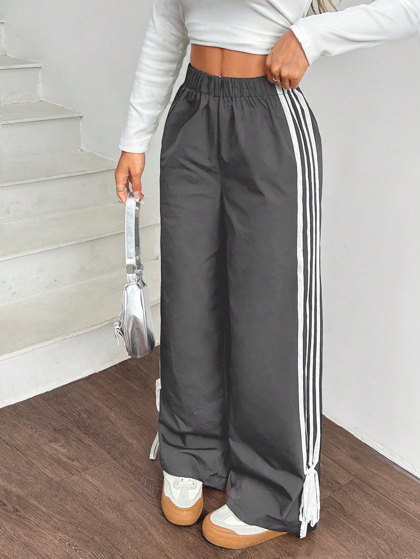 EZwear Women Black Side Contrast White Tape Elastic Waist Pants