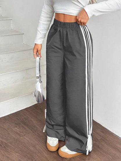 EZwear Women Black Side Contrast White Tape Elastic Waist Pants