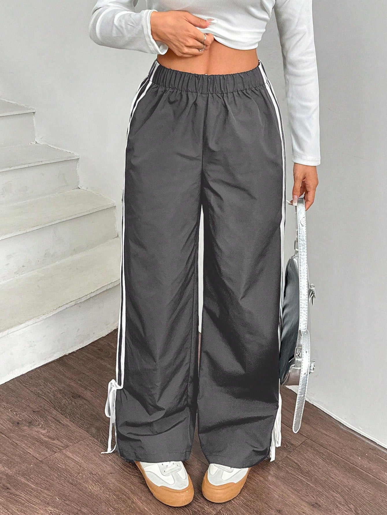 EZwear Women Black Side Contrast White Tape Elastic Waist Pants