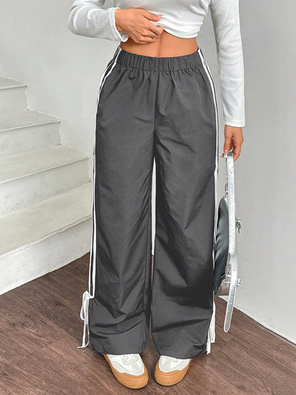 EZwear Women Black Side Contrast White Tape Elastic Waist Pants