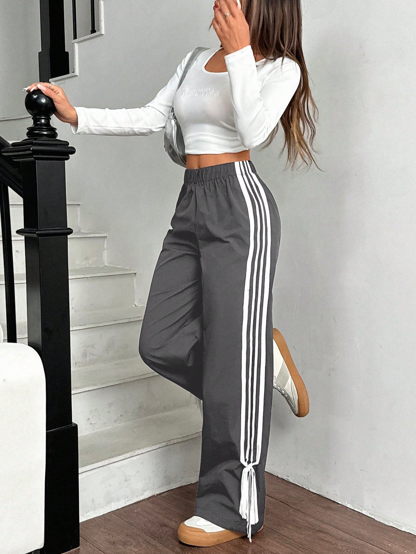 EZwear Women Black Side Contrast White Tape Elastic Waist Pants
