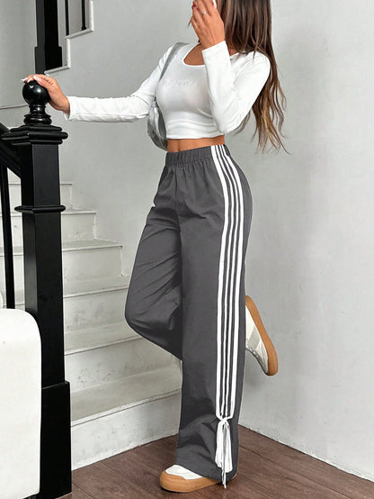 EZwear Women Black Side Contrast White Tape Elastic Waist Pants
