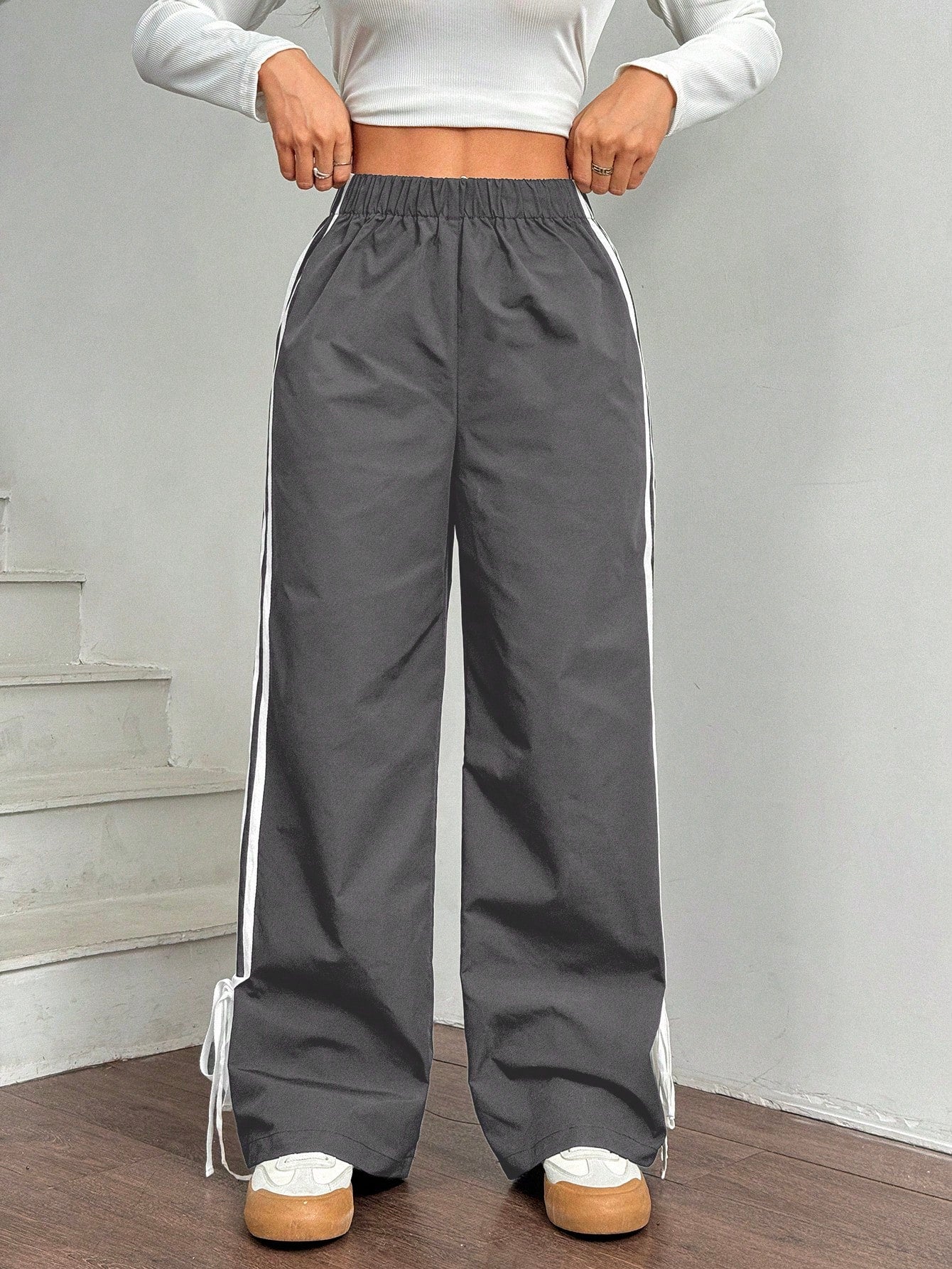 EZwear Women Black Side Contrast White Tape Elastic Waist Pants
