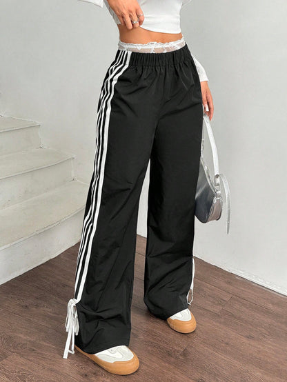 EZwear Women Black Side Contrast White Tape Elastic Waist Pants