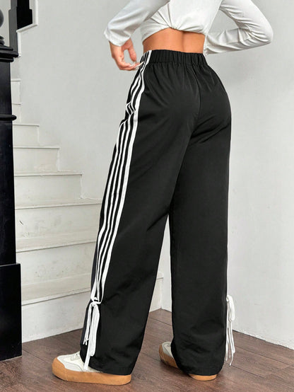 EZwear Women Black Side Contrast White Tape Elastic Waist Pants