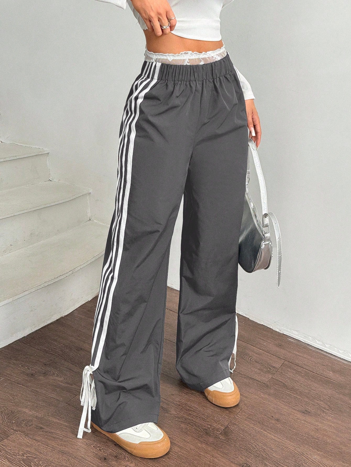 EZwear Women Black Side Contrast White Tape Elastic Waist Pants