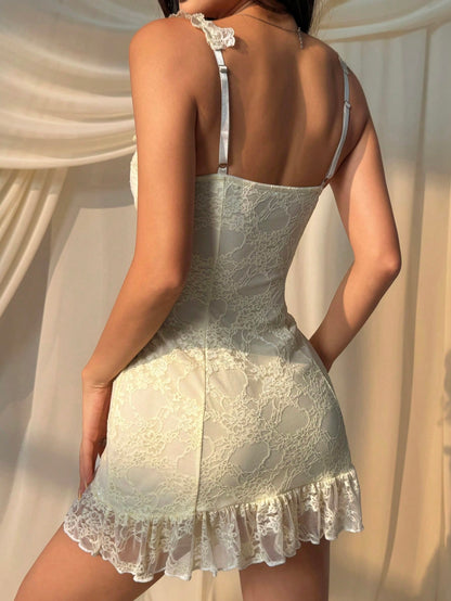 EZwear Women Floral Lace Bow Decor Bodycon Sleeveless Mini Dress,Bodycon Dress
