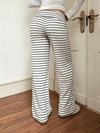 EZwear Women's Casual Low Waist Striped Brushed Drawstring Waist Yoga Loose Fit Pants, Comfortable For Home Wear, Autumn/Winter