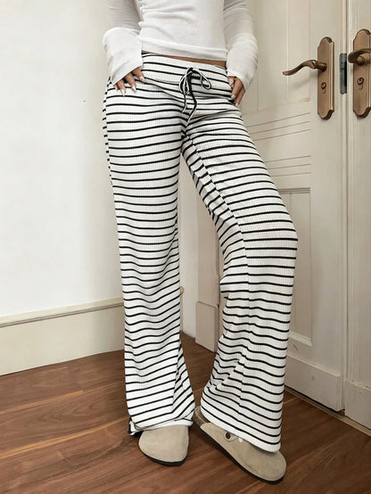EZwear Women's Casual Low Waist Striped Brushed Drawstring Waist Yoga Loose Fit Pants, Comfortable For Home Wear, Autumn/Winter