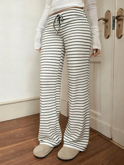 EZwear Women's Casual Low Waist Striped Brushed Drawstring Waist Yoga Loose Fit Pants, Comfortable For Home Wear, Autumn/Winter