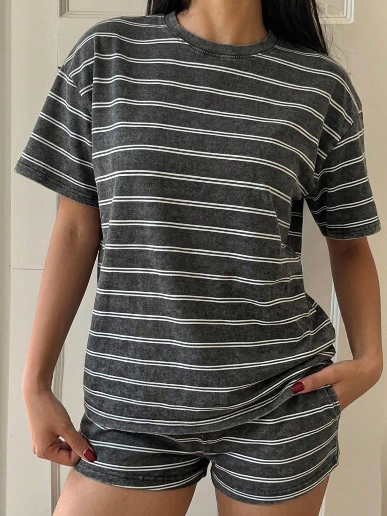 EZwear Women's Casual Striped T-Shirt And Shorts Set, Summer Outfit, American Leisure Suit,Vintage,Y2K,Going Out,Street Outfits,Outing, Dating