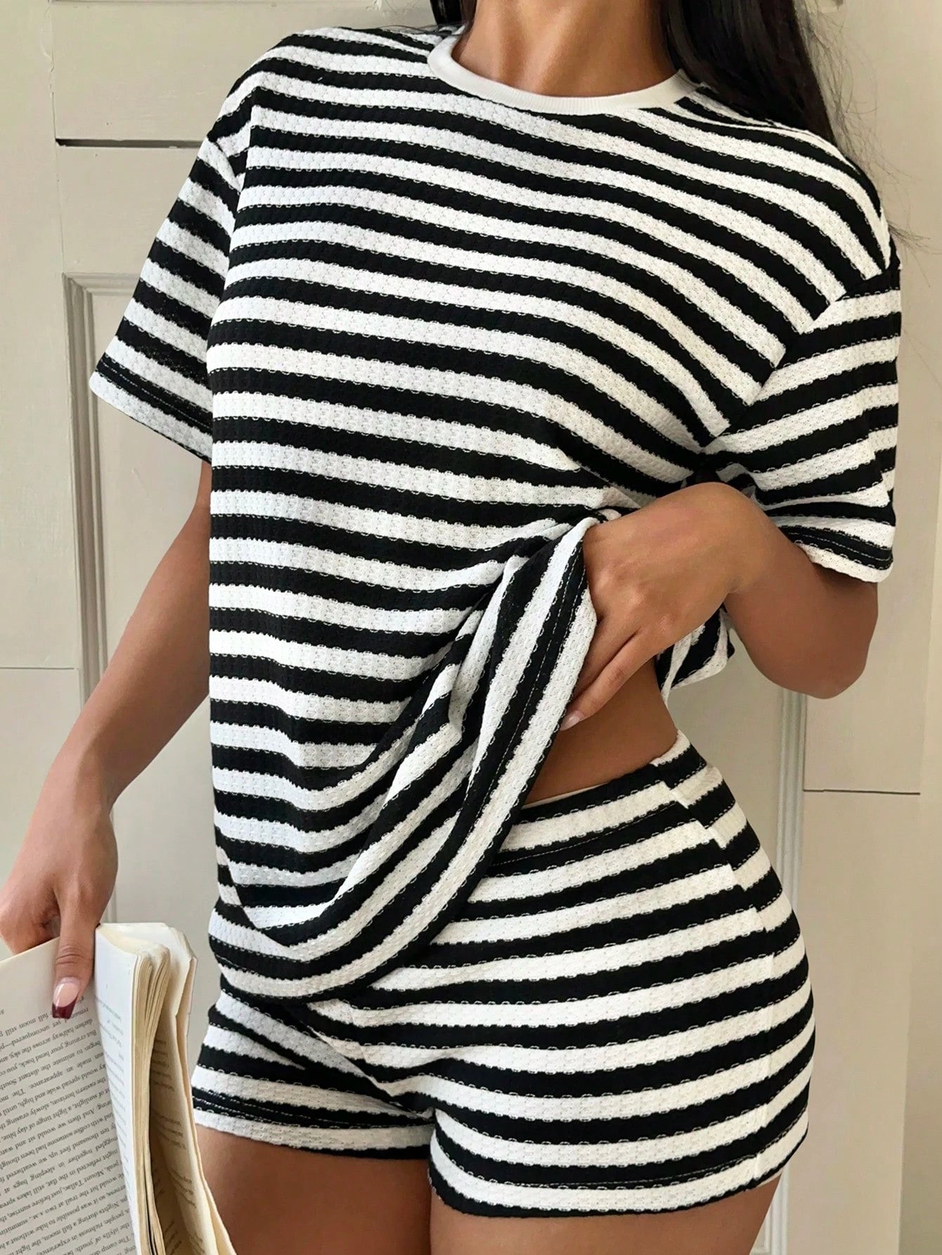 EZwear Women's Casual Striped T-Shirt And Shorts Set, Summer Outfit, American Leisure Suit,Vintage,Y2K,Going Out,Street Outfits,Outing, Dating