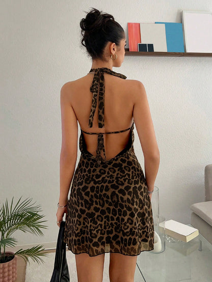 EZwear Women's New Leopard Print Halter Backless A-Line Mini Dress Cheetah Print