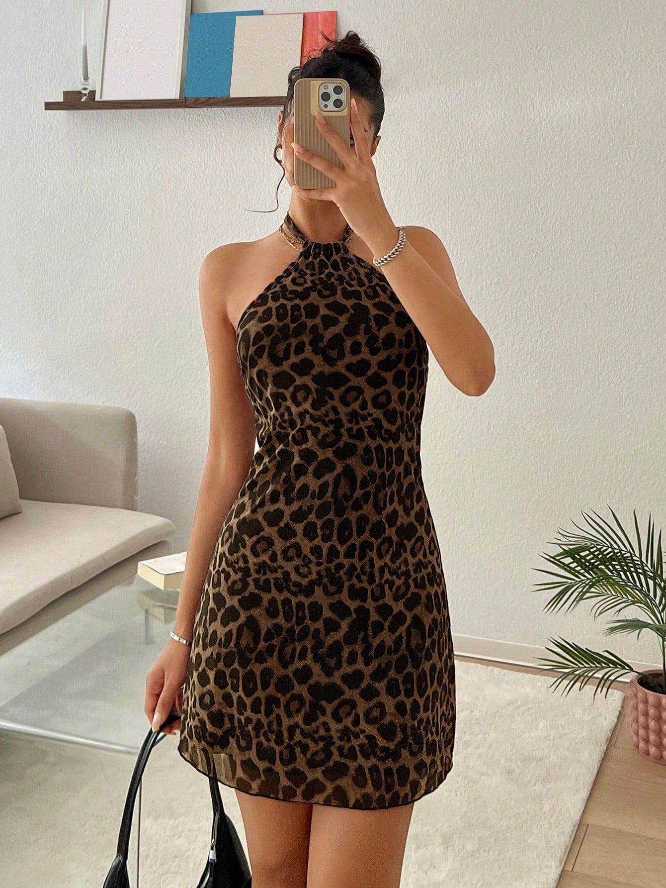 EZwear Women's New Leopard Print Halter Backless A-Line Mini Dress Cheetah Print