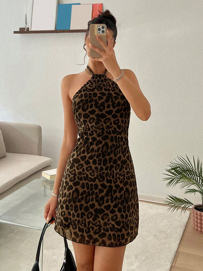 EZwear Women's New Leopard Print Halter Backless A-Line Mini Dress Cheetah Print