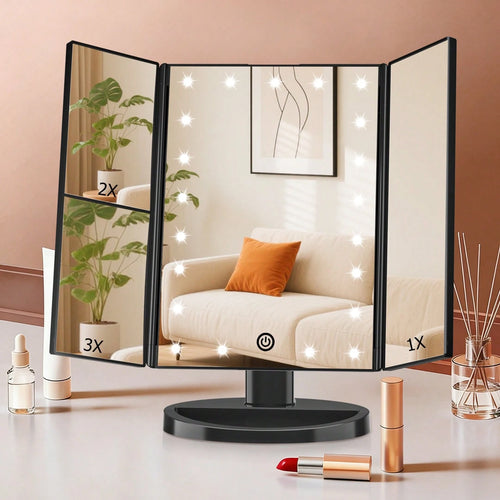 FASCINATE Lighted Makeup Mirror 2X/3X Magnification, Trifold Vanity Mirror With Lights, 21 LED Touch Dimming, Dual Power 180° Rotation Lit Beauty Table Mirror, Makeup Mirror With Lighting
