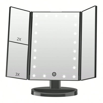 FASCINATE Lighted Makeup Mirror 2X/3X Magnification, Trifold Vanity Mirror With Lights, 21 LED Touch Dimming, Dual Power 180° Rotation Lit Beauty Table Mirror, Makeup Mirror With Lighting