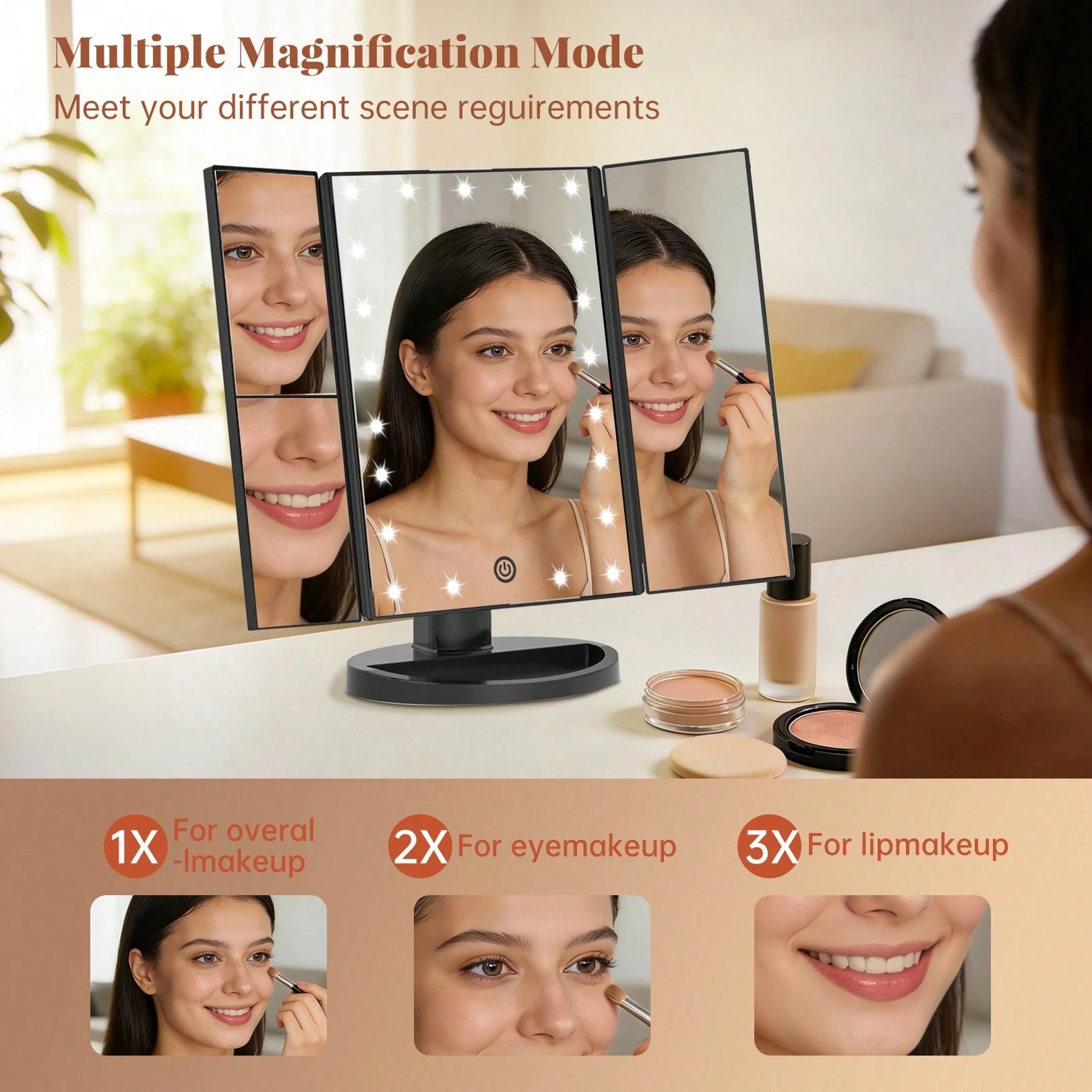 FASCINATE Lighted Makeup Mirror 2X/3X Magnification, Trifold Vanity Mirror With Lights, 21 LED Touch Dimming, Dual Power 180° Rotation Lit Beauty Table Mirror, Makeup Mirror With Lighting