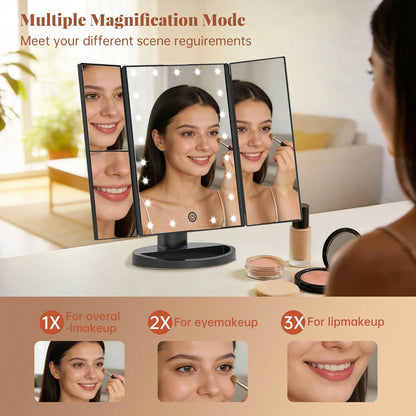 FASCINATE Lighted Makeup Mirror 2X/3X Magnification, Trifold Vanity Mirror With Lights, 21 LED Touch Dimming, Dual Power 180° Rotation Lit Beauty Table Mirror, Makeup Mirror With Lighting