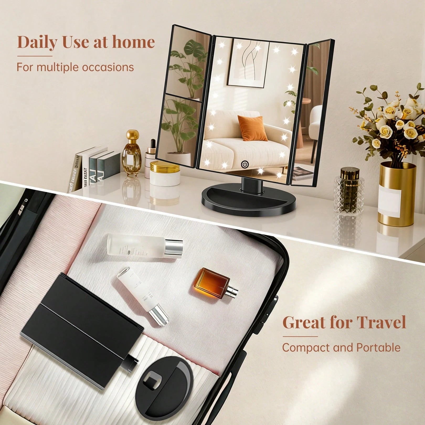 FASCINATE Lighted Makeup Mirror 2X/3X Magnification, Trifold Vanity Mirror With Lights, 21 LED Touch Dimming, Dual Power 180° Rotation Lit Beauty Table Mirror, Makeup Mirror With Lighting
