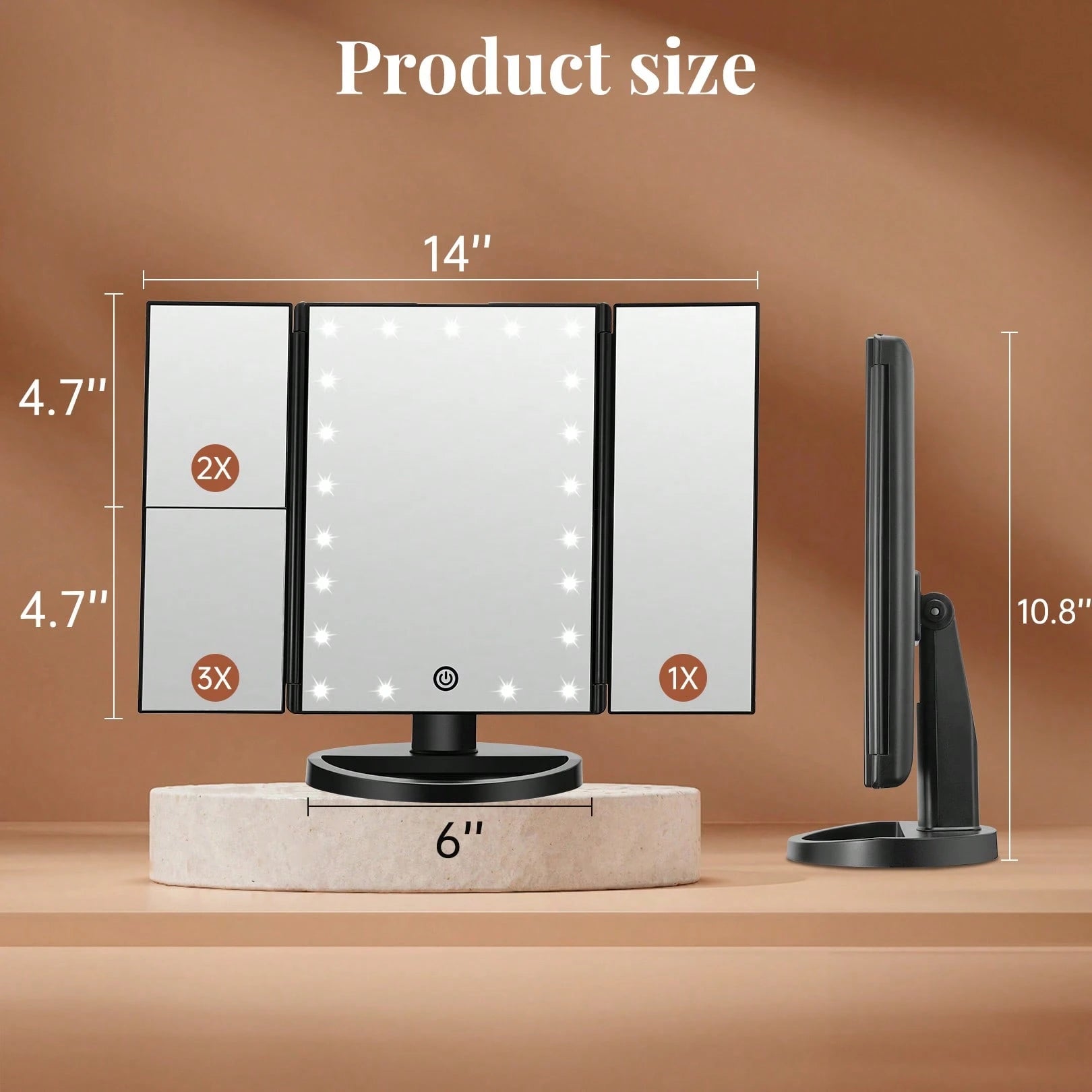 FASCINATE Lighted Makeup Mirror 2X/3X Magnification, Trifold Vanity Mirror With Lights, 21 LED Touch Dimming, Dual Power 180° Rotation Lit Beauty Table Mirror, Makeup Mirror With Lighting
