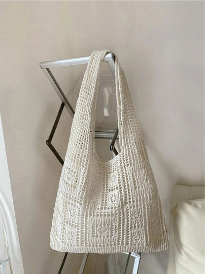 Fashion Essential: Women's Crochet Knit Beach Tote Bag, Hollow Design, Large Capacity, Foldable, With Carrying Strap, Designed For Women. It's Perfect For Beach Trips Due To Its Sand-Proof Feature; Al