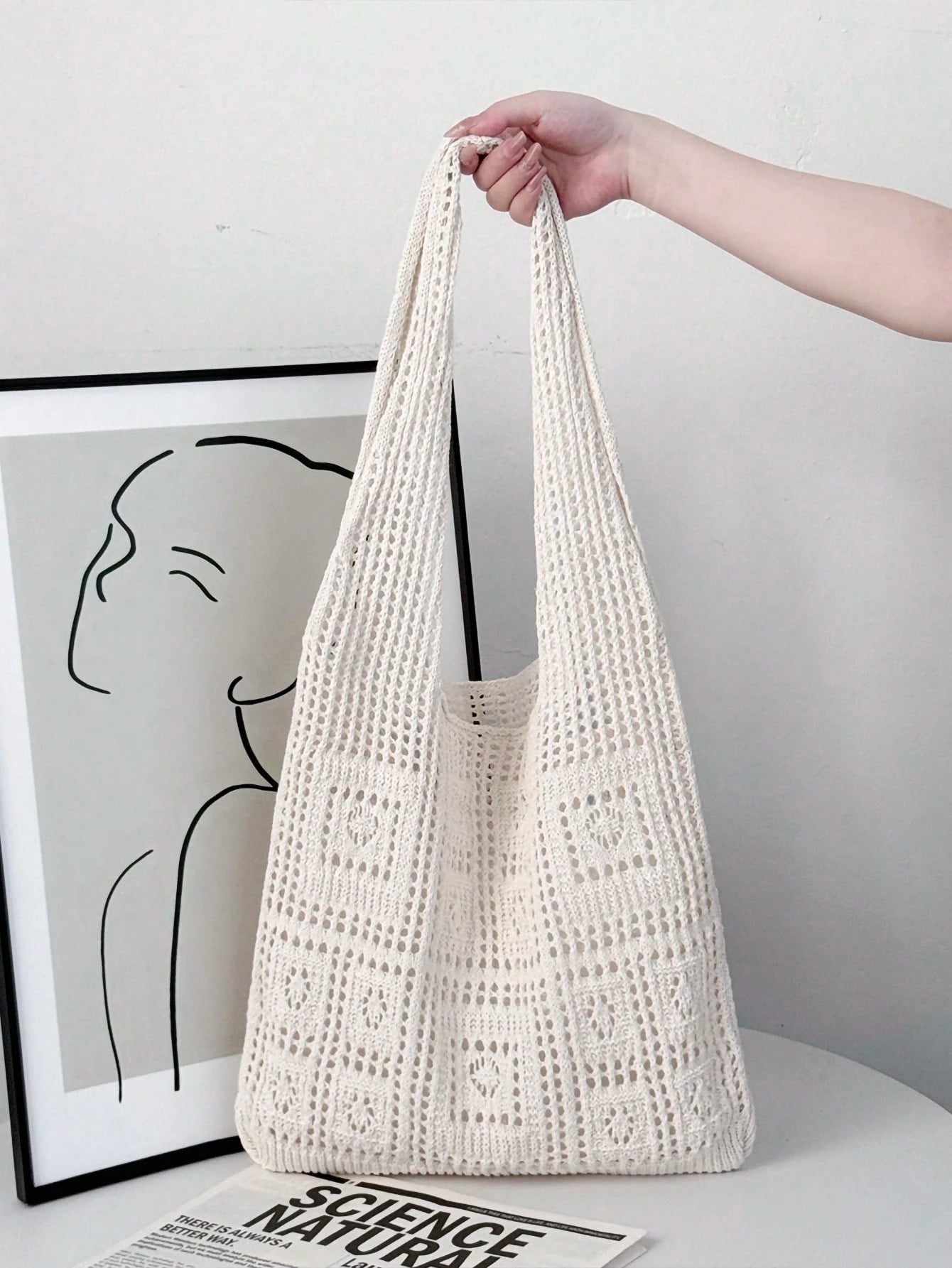 Fashion Essential: Women's Crochet Knit Beach Tote Bag, Hollow Design, Large Capacity, Foldable, With Carrying Strap, Designed For Women. It's Perfect For Beach Trips Due To Its Sand-Proof Feature; Al