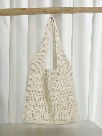 Fashion Essential: Women's Crochet Knit Beach Tote Bag, Hollow Design, Large Capacity, Foldable, With Carrying Strap, Designed For Women. It's Perfect For Beach Trips Due To Its Sand-Proof Feature; Al