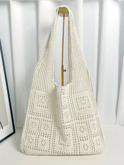 Fashion Essential: Women's Crochet Knit Beach Tote Bag, Hollow Design, Large Capacity, Foldable, With Carrying Strap, Designed For Women. It's Perfect For Beach Trips Due To Its Sand-Proof Feature; Al