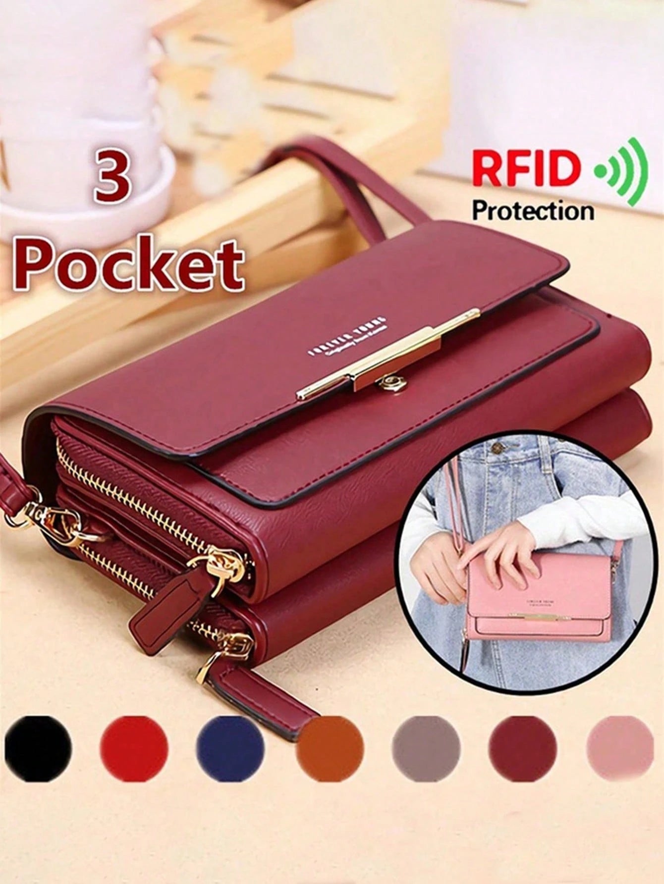 Fashion Faux Leather Long Wallet Women's Mini Crossbody Bag Zipper Phone Pouch (Zipper And Letter Design Random)