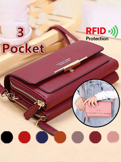 Fashion Faux Leather Long Wallet Women's Mini Crossbody Bag Zipper Phone Pouch (Zipper And Letter Design Random)