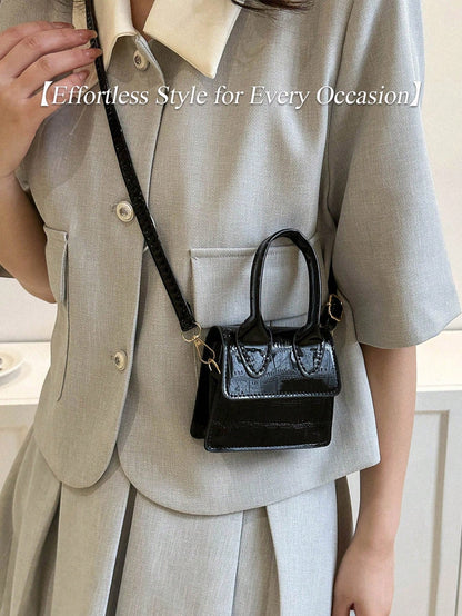 Fashion Stone Simple Crossbody Bag Handbag Shoulder Bag Small Square Bag Mini Bag Solid Color Crocodile Pattern Personalized Retro Aesthetic Black