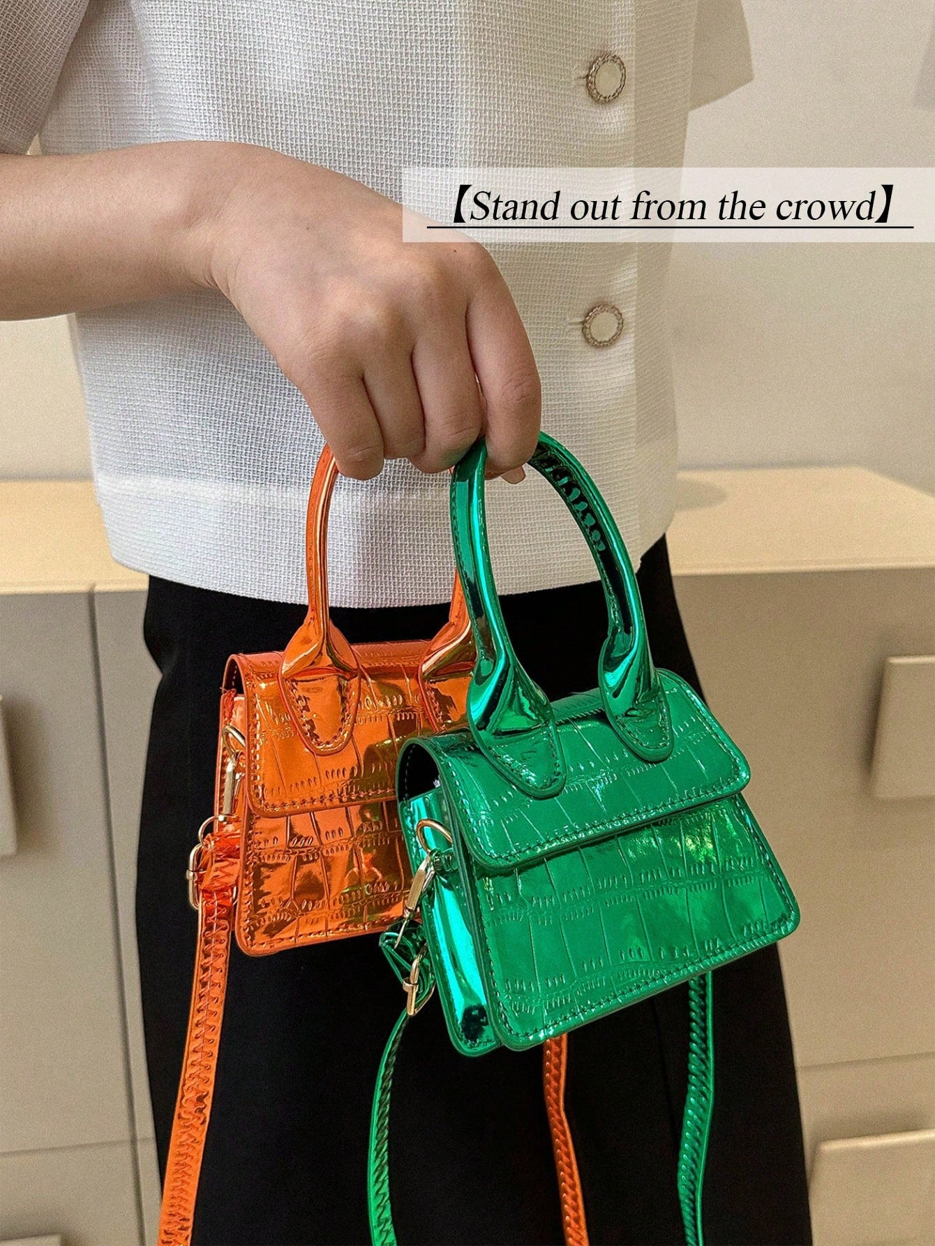 Fashion Stone Simple Crossbody Bag Handbag Shoulder Bag Small Square Bag Mini Bag Solid Color Crocodile Pattern Personalized Retro Aesthetic Black
