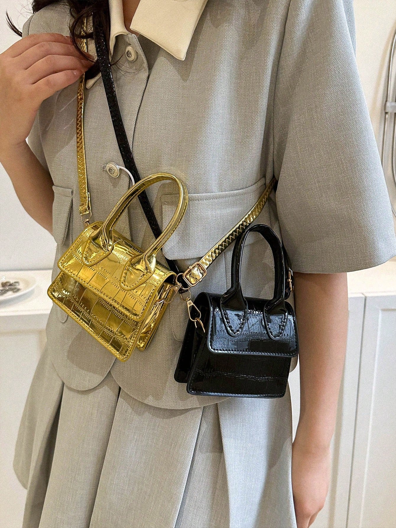 Fashion Stone Simple Crossbody Bag Handbag Shoulder Bag Small Square Bag Mini Bag Solid Color Crocodile Pattern Personalized Retro Aesthetic Black