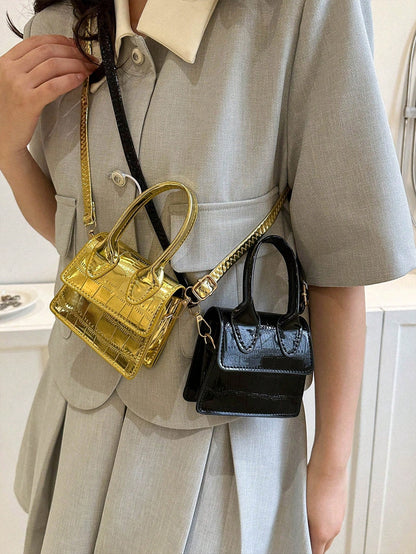 Fashion Stone Simple Crossbody Bag Handbag Shoulder Bag Small Square Bag Mini Bag Solid Color Crocodile Pattern Personalized Retro Aesthetic Black