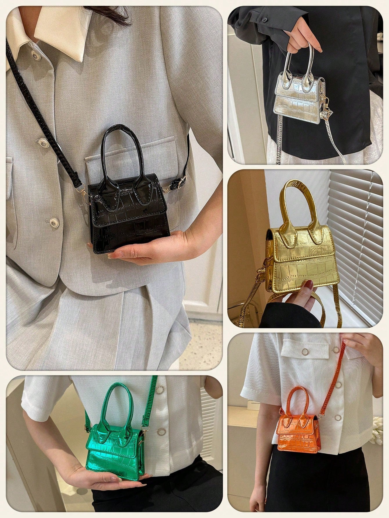 Fashion Stone Simple Crossbody Bag Handbag Shoulder Bag Small Square Bag Mini Bag Solid Color Crocodile Pattern Personalized Retro Aesthetic Black