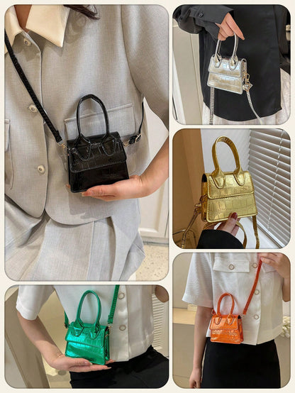 Fashion Stone Simple Crossbody Bag Handbag Shoulder Bag Small Square Bag Mini Bag Solid Color Crocodile Pattern Personalized Retro Aesthetic Black